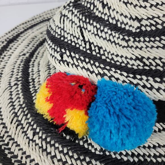 Hinge Two Tone Panama Hat Black White Wide Brim Woven Straw Pom Pom Summer NWOT - Picture 14 of 16
